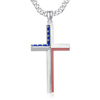 Sterling Silver American Flag & Cross Pendant Necklace-3