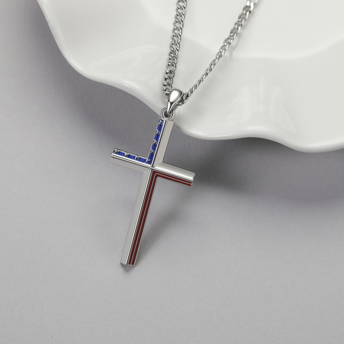 Sterling Silver American Flag & Cross Pendant Necklace-4