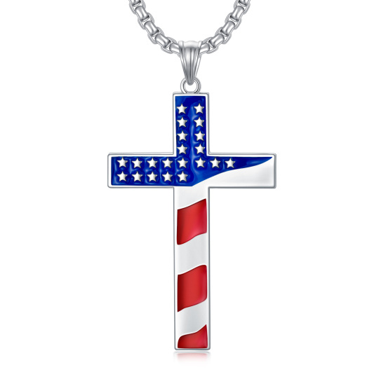 Collana con ciondolo a forma di croce e bandiera americana in argento sterling