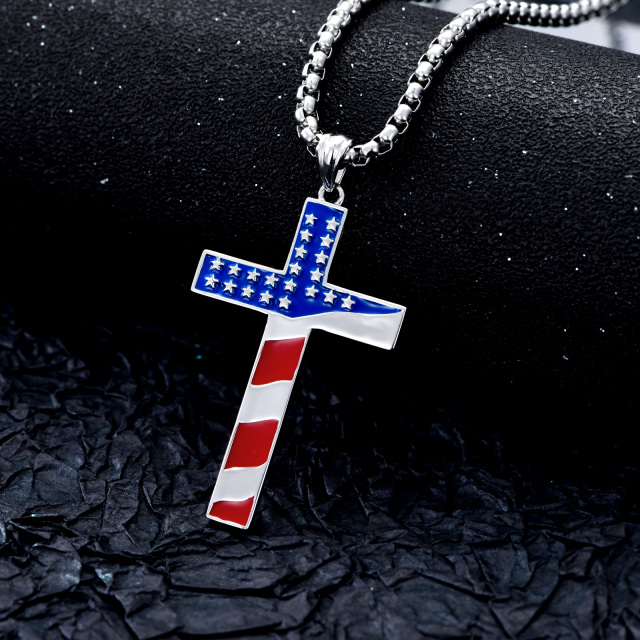 Sterling Silver American Flag & Cross Pendant Necklace-3