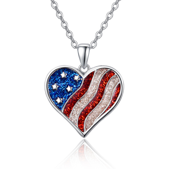 Sterling Silver American Flag & Heart Pendant Necklace