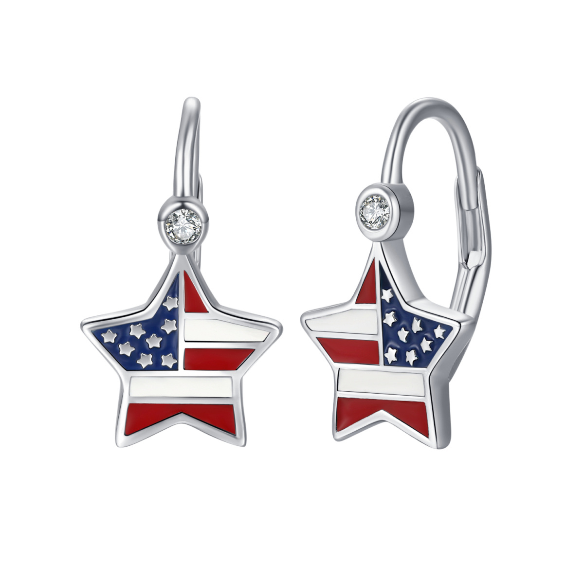 Sterling Silver Cubic Zirconia American Flag and Star Patriotic Lever-back Earrings-1