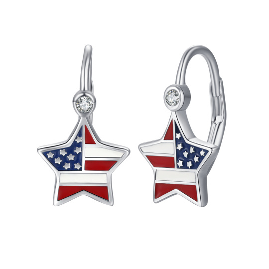 Sterling Silver Cubic Zirconia American Flag and Star Patriotic Lever-back Earrings