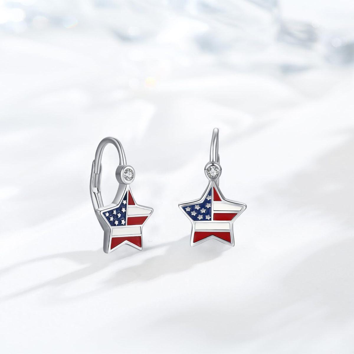 Sterling Silver Cubic Zirconia American Flag and Star Patriotic Lever-back Earrings-4