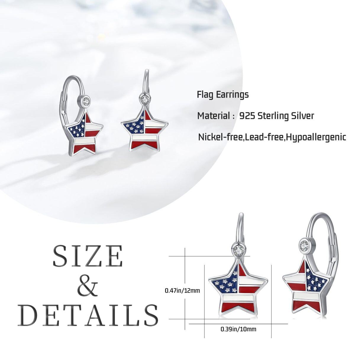 Sterling Silver Cubic Zirconia American Flag and Star Patriotic Lever-back Earrings-5