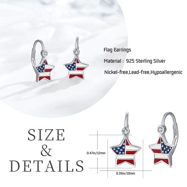 Sterling Silber Zirkonia Amerikanische Flagge und Stern Patriotische Leverback Ohrringe-5