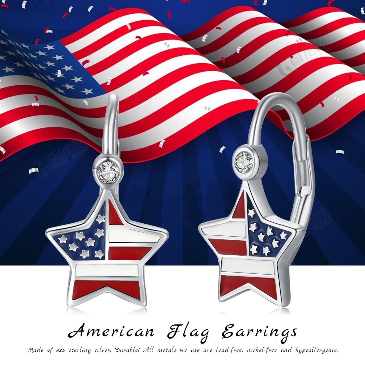 Sterling Silver Cubic Zirconia American Flag and Star Patriotic Lever-back Earrings-6