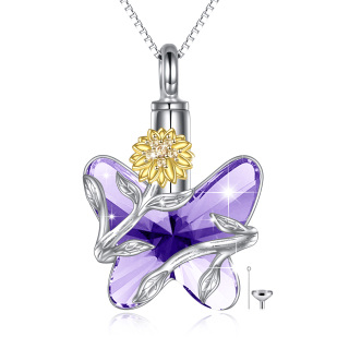 Sterling Silver Amethyst Butterfly & Sunflower Urn Necklace for Ashes with Engraved Word-14