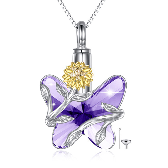 Sterling Silver Amethyst Butterfly & Sunflower Urn Necklace for Ashes with Engraved Word