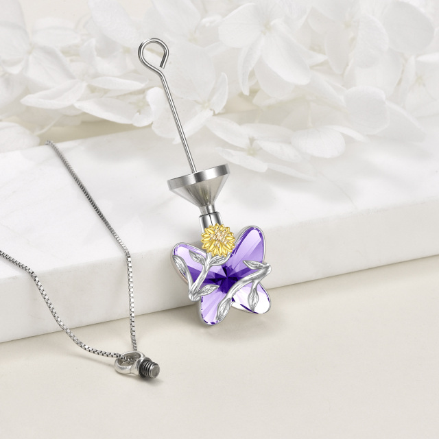 Sterling Silver Amethyst Butterfly & Sunflower Urn Necklace for Ashes with Engraved Word-3