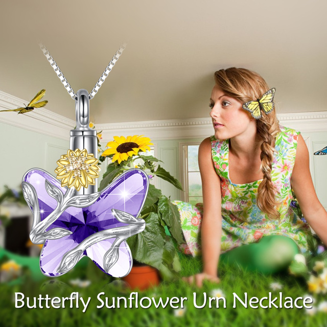 Sterling Silber Amethyst Schmetterling & Sonnenblume Urne Halskette mit eingraviertem Wort-6