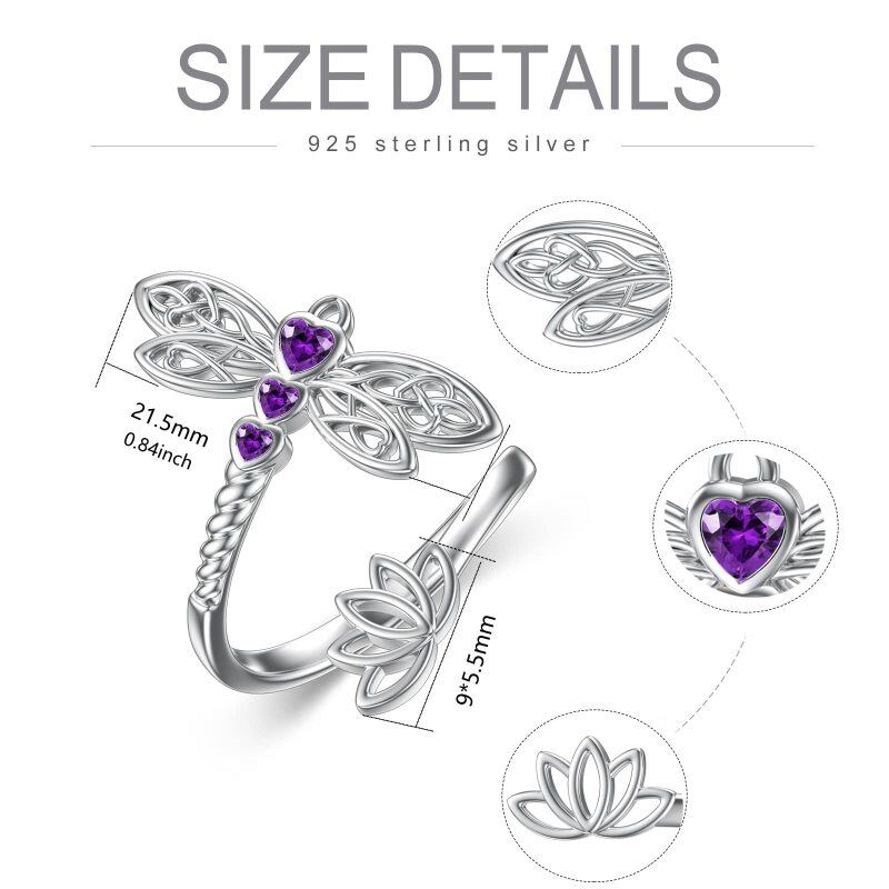 Sterling Silver Amethyst Crystal Dragonfly & Lotus & Celtic Knot Open Ring-5