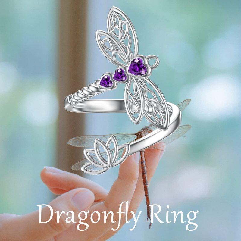 Sterling Silver Amethyst Crystal Dragonfly & Lotus & Celtic Knot Open Ring-6