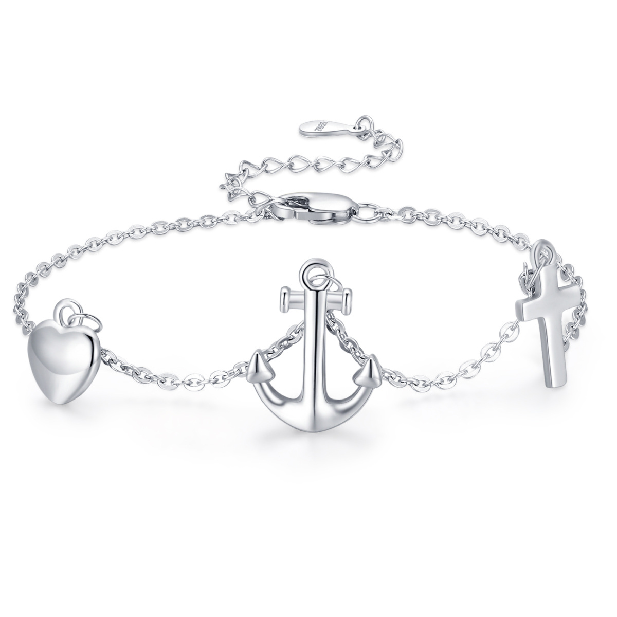 Pulsera de plata de ley con ancla y cruz con corazón para mujer-1