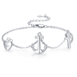 Sterling Silver Anchor With Cross With Heart Bracelet For Women-1