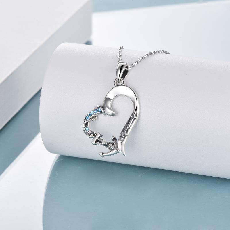 Sterling Silver Cubic Zirconia Anchor Cross & Heart Pendant Necklace For Women-3