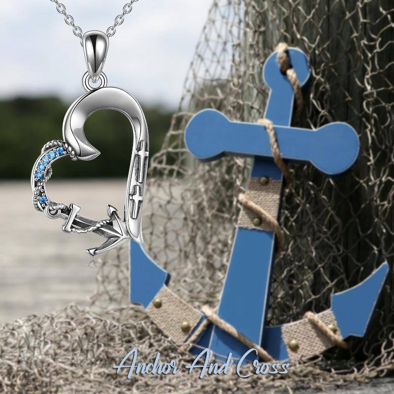 Sterling Silver Cubic Zirconia Anchor Cross & Heart Pendant Necklace For Women-5