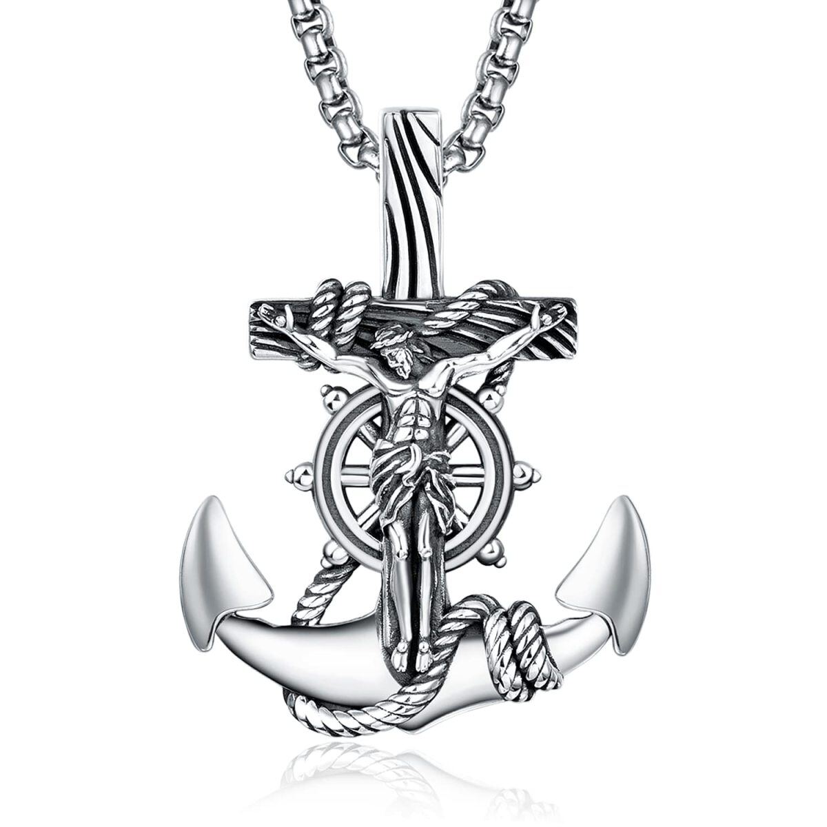 Collier en argent sterling avec ancre et pendentif Jésus pour hommes-1