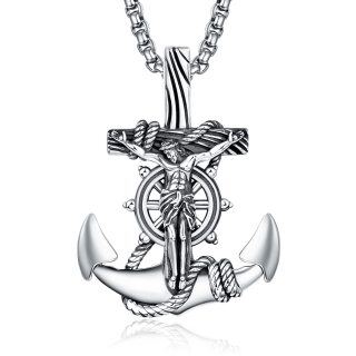 Sterling Silver Anchor & Jesus Pendant Necklace for Men-11