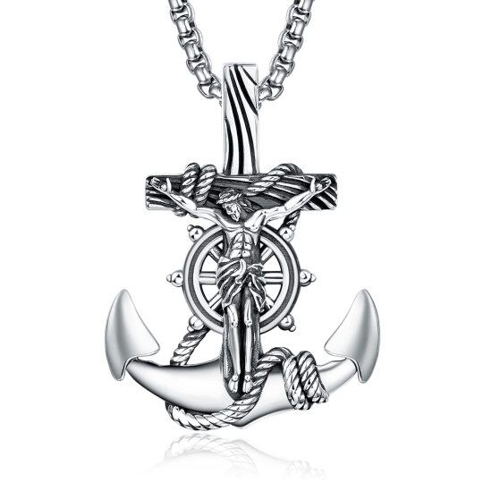 Sterling Silver Anchor & Jesus Pendant Necklace for Men