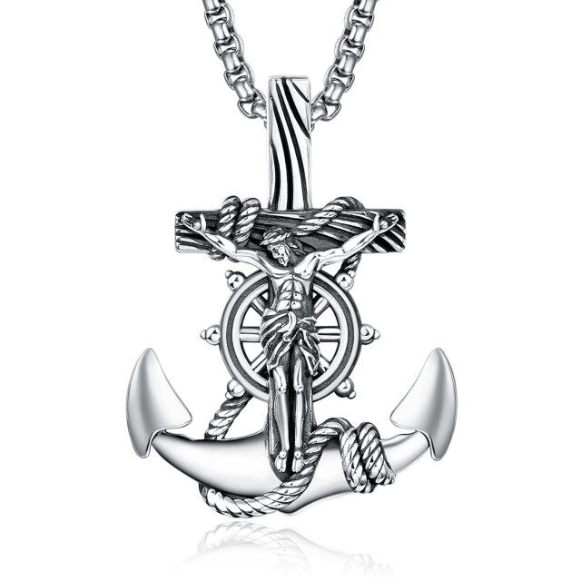 Collar de plata de ley con ancla y colgante de Jesús para hombre-1