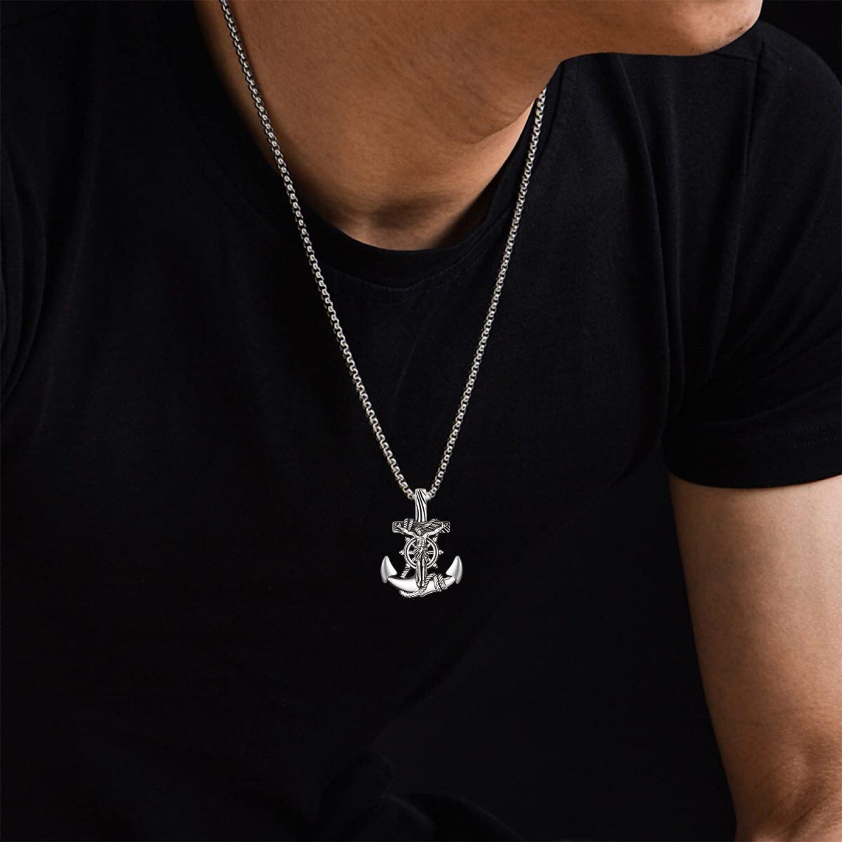 Sterling Silver Anchor & Jesus Pendant Necklace for Men-2