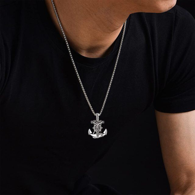 Collar de plata de ley con ancla y colgante de Jesús para hombre-2