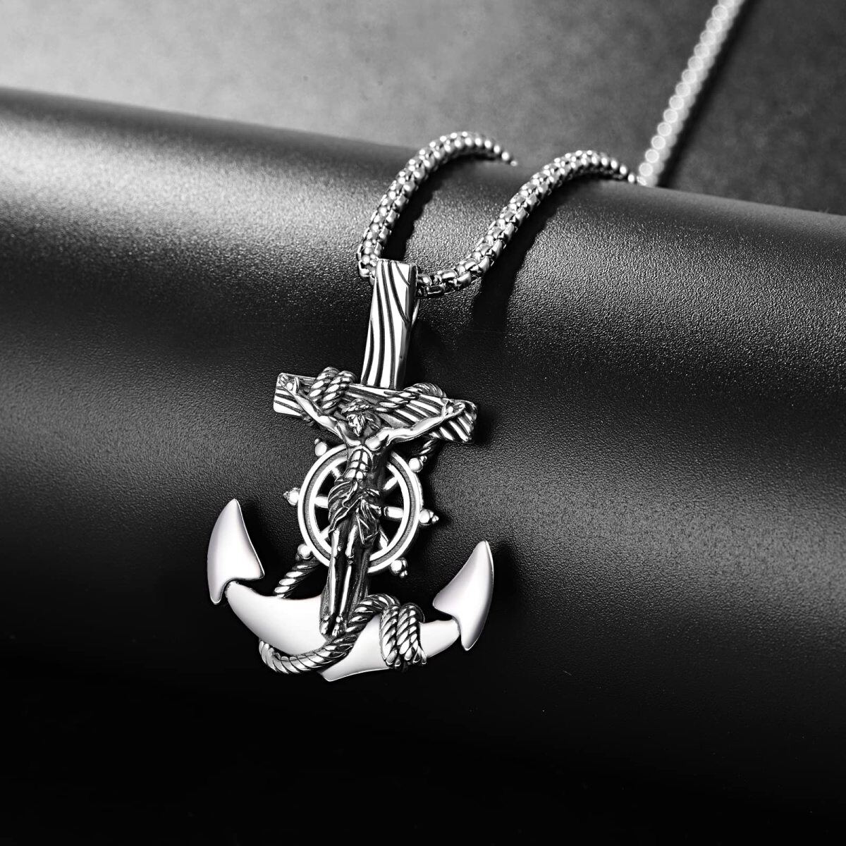 Sterling Silver Anchor & Jesus Pendant Necklace for Men-3