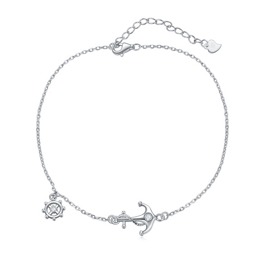 Sterling Silver Cubic Zirconia Anchor & Rudder Single Layer Anklet