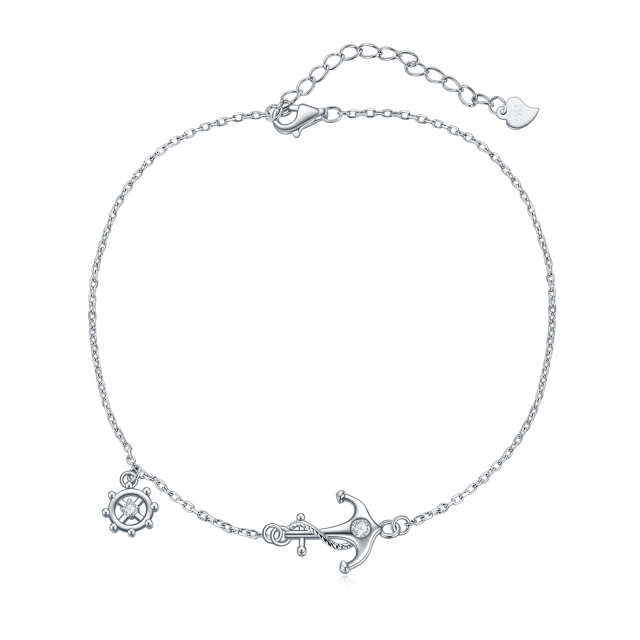 Sterling Silver Cubic Zirconia Anchor & Rudder Single Layer Anklet-1