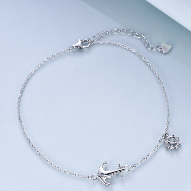 Sterling Silver Cubic Zirconia Anchor & Rudder Single Layer Anklet-3