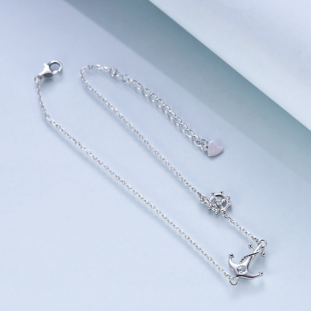 Sterling Silver Cubic Zirconia Anchor & Rudder Single Layer Anklet-4