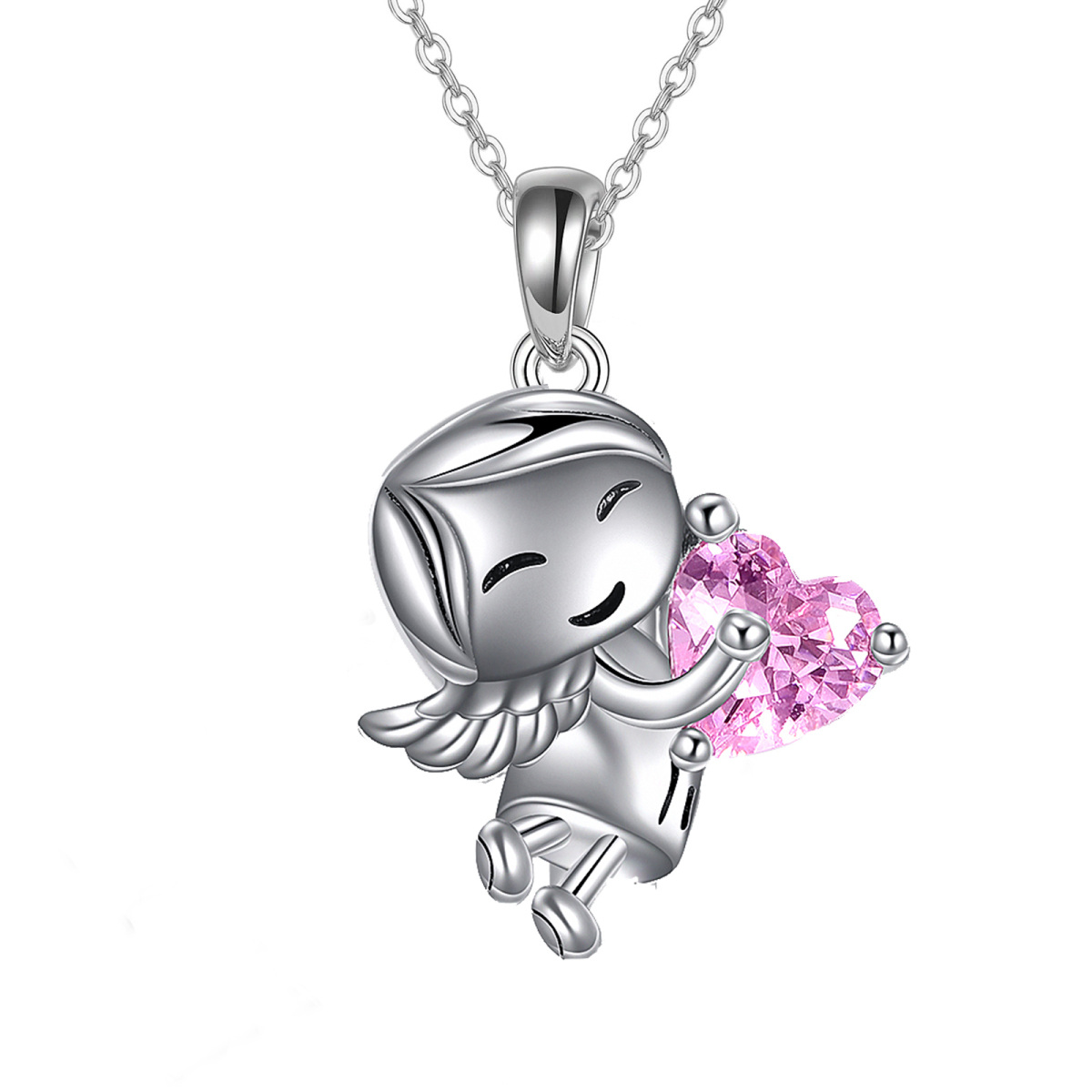 Sterling Silver Cubic Zirconia Angel & Heart Charm Necklace for Women-1