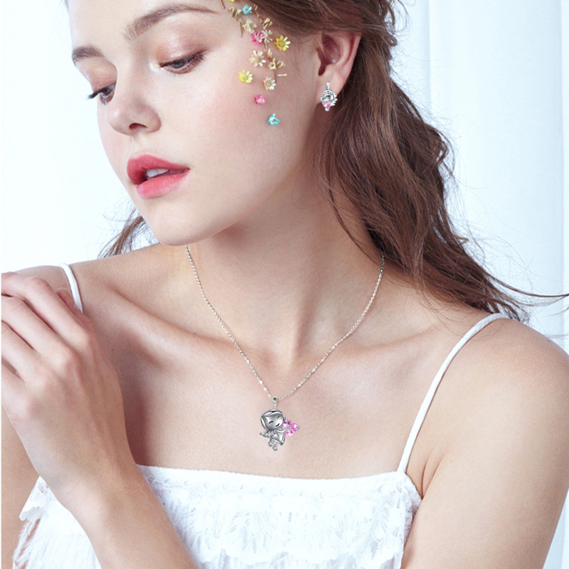 قلادة نسائية من الفضة الإسترلينية مرصعة بالزركونيا المكعبة مع سحر الملاك والقلب-2