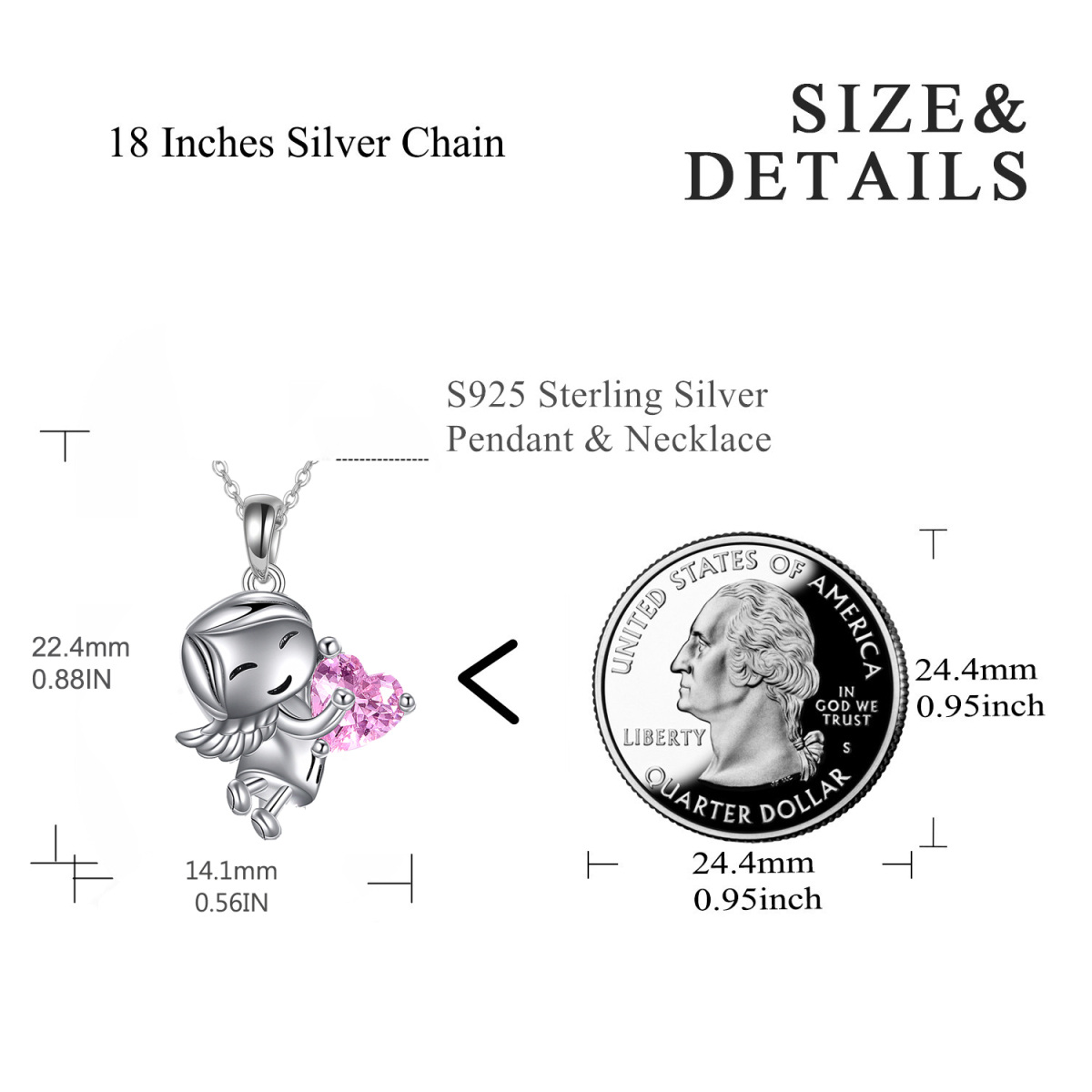 Sterling Silver Cubic Zirconia Angel & Heart Charm Necklace for Women-5