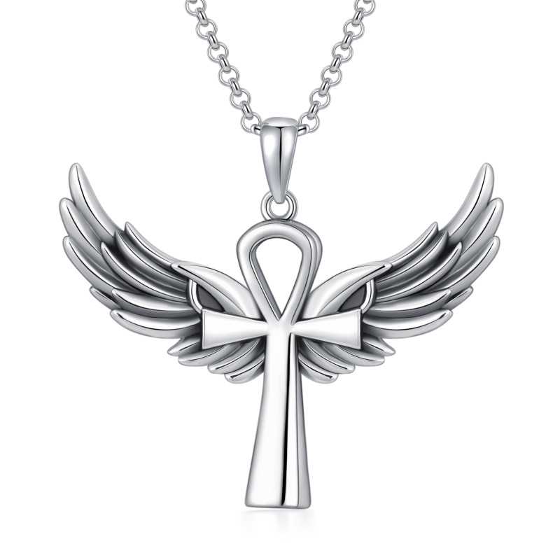 Colar de urna de cremação Ankh Angel Wing em prata esterlina banhada a ouro branco-2