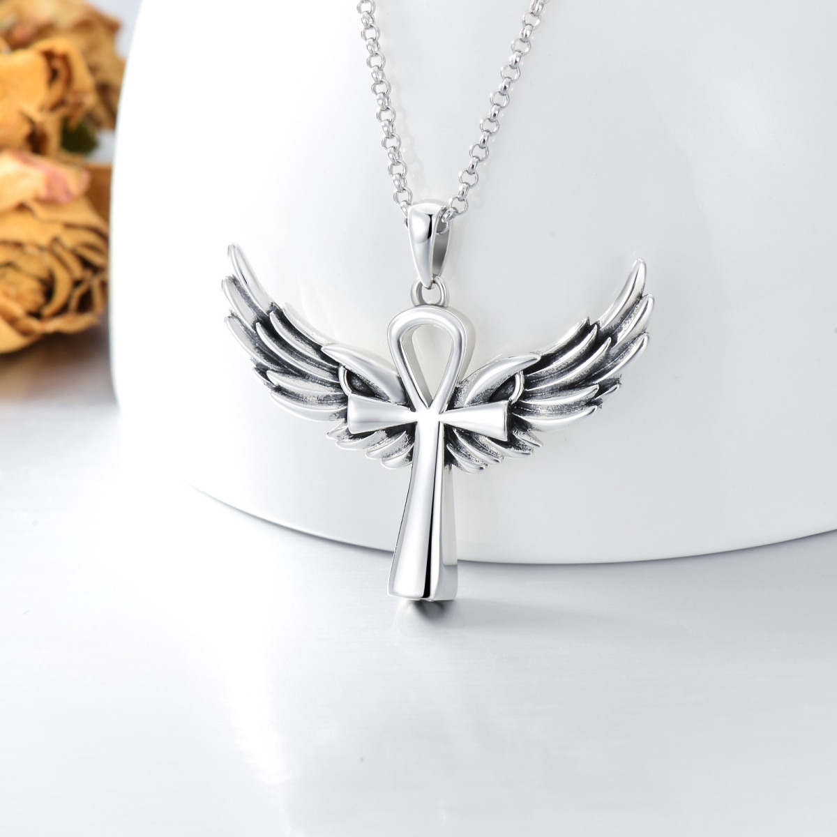 Sterling Silver Angel Wing & Ankh Urn Necklace for Ashes-3