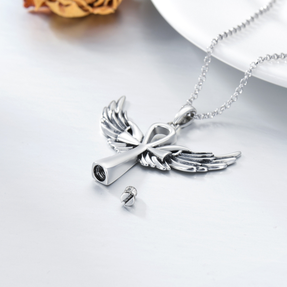 Sterling Silver Angel Wing & Ankh Urn Necklace for Ashes-4