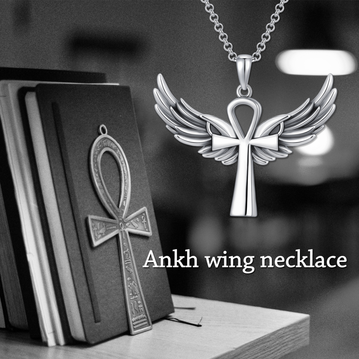 Colar de urna de cremação Ankh Angel Wing em prata esterlina banhada a ouro branco-6