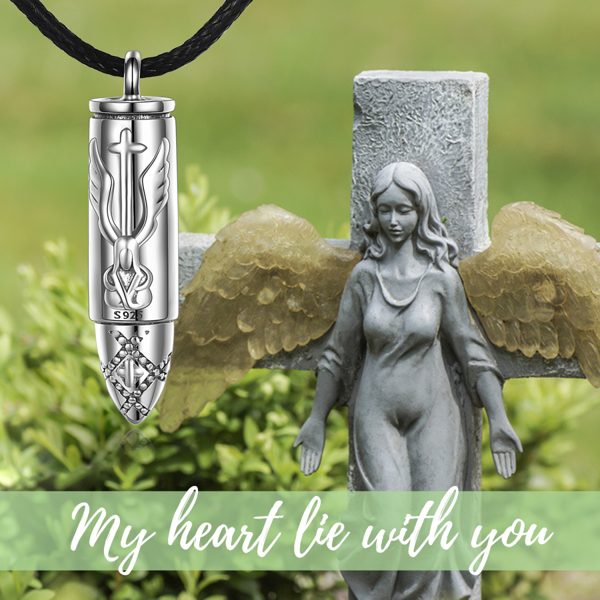 Sterling Silver Angel Wing & Bullet Urn Necklace for Ashes-5