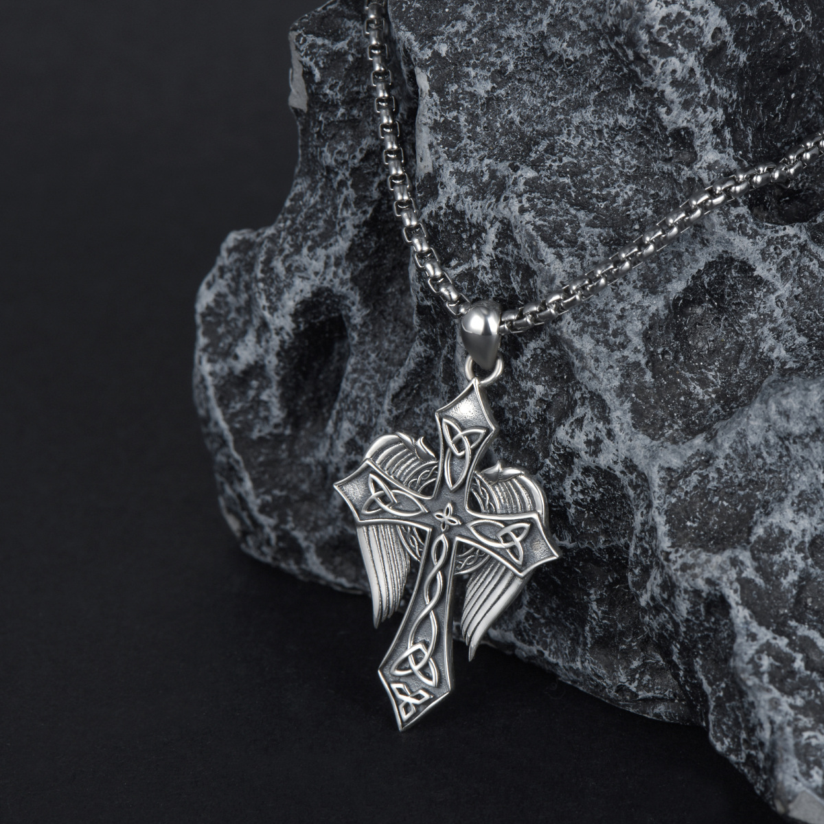 Sterling Silver Angel Wing & Celtic Knot & Cross Pendant Necklace-3