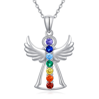 Sterling Silver Cubic Zirconia Angel Wing & Chakras Pendant Necklace-32