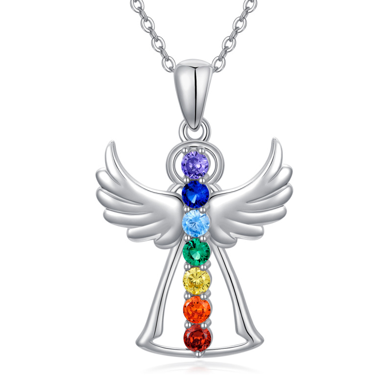 Sterling Silver Cubic Zirconia Angel Wing & Chakras Pendant Necklace-19