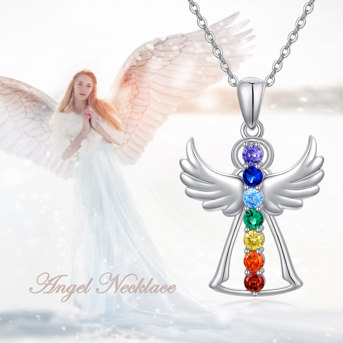 Sterling Silver Cubic Zirconia Angel Wing & Chakras Pendant Necklace-4