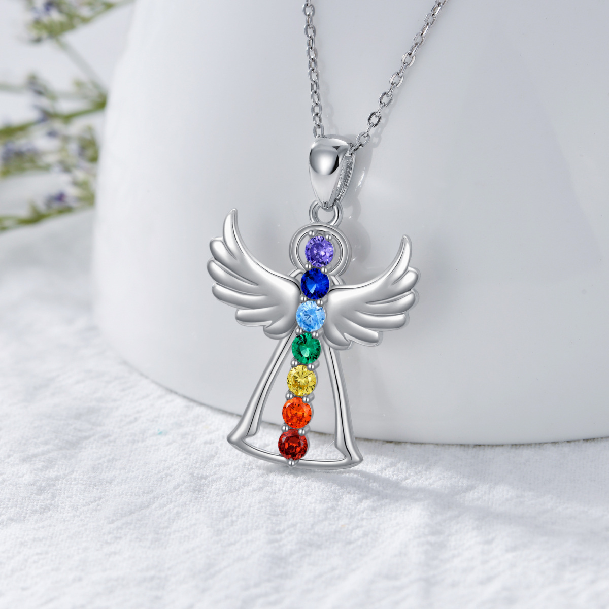 Sterling Silver Cubic Zirconia Angel Wing & Chakras Pendant Necklace-5