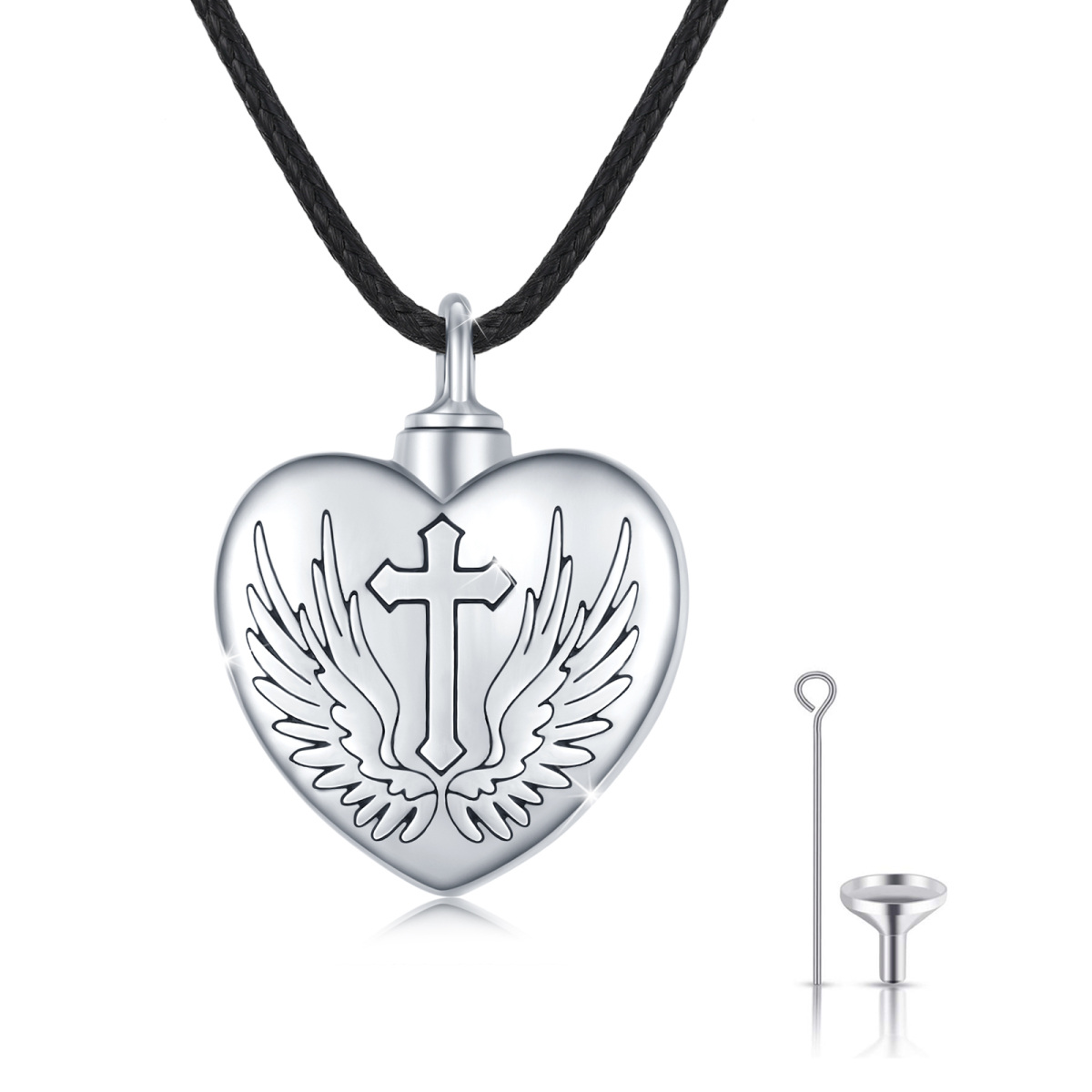 Collar de urna con forma de corazón y cruz de ala de ángel de plata de ley para cenizas-1