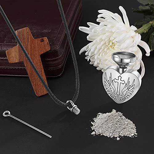 Sterling Silver Angel Wing Cross Heart Urn Necklace for Ashes-5