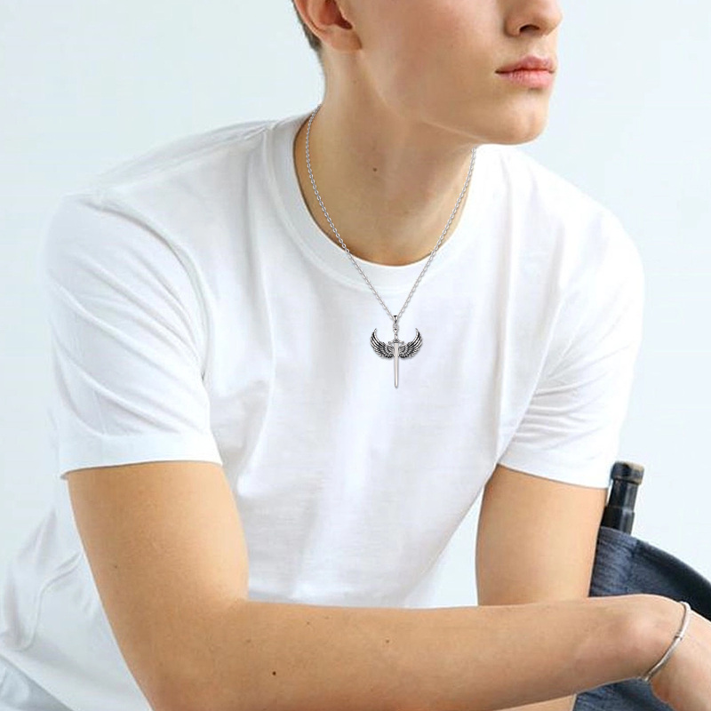 Colar com pingente de asa de anjo e cruz em prata esterlina-2