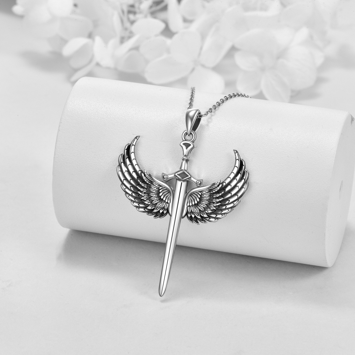 Sterling Silver Angel Wing & Cross Pendant Necklace-3