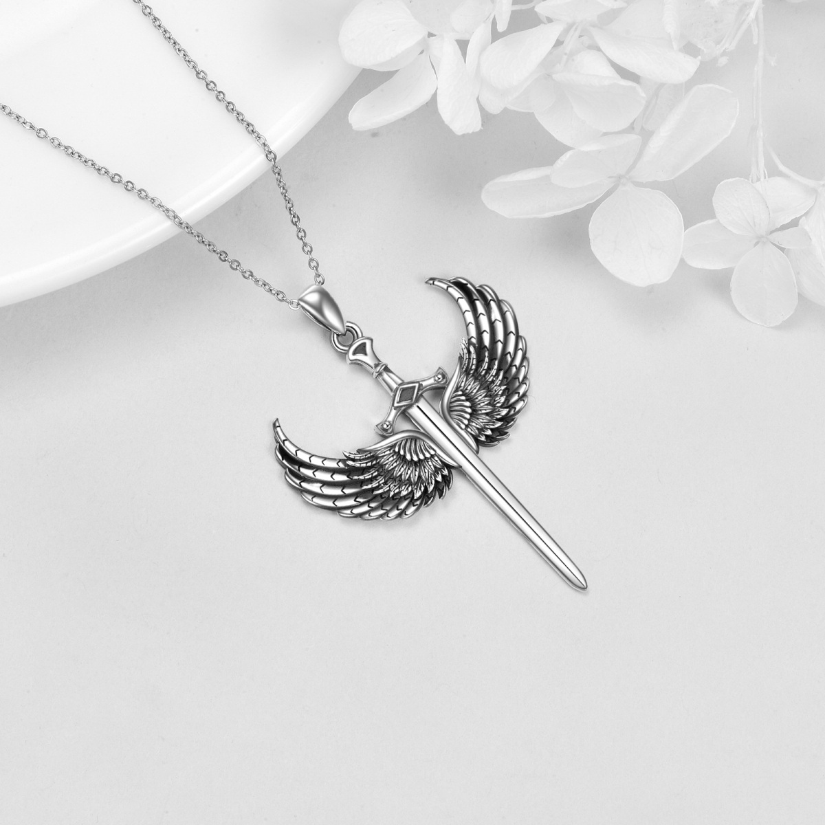 Sterling Silver Angel Wing & Cross Pendant Necklace-4